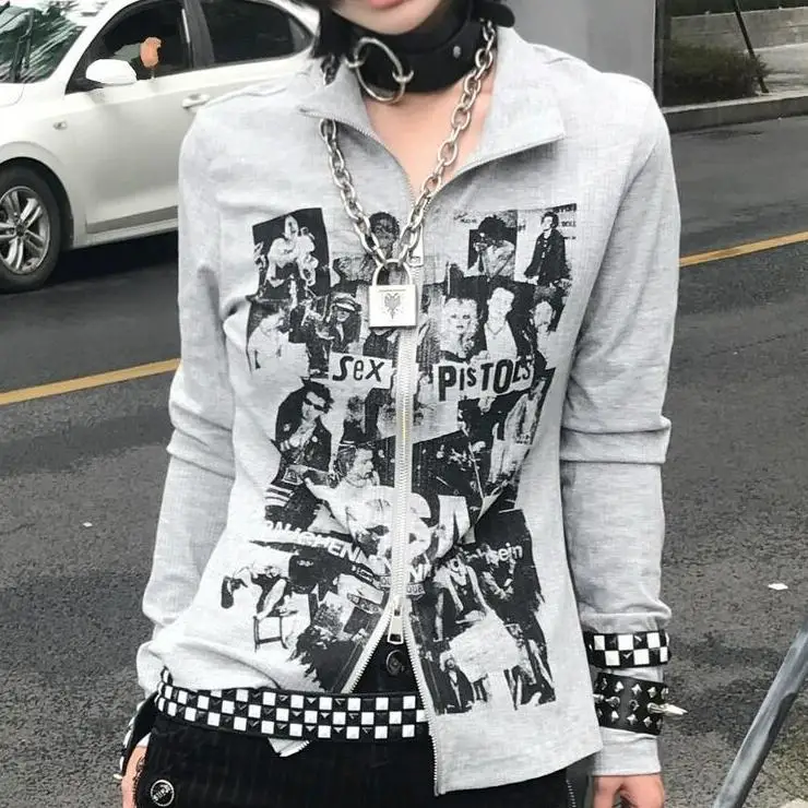 Winter Women\'s Hip hop Vintage 90s Punk Grunge Graphic Hooded Zip-up Fashion High Street Gothic Zipper Coat Slim Polo Sweatshirt