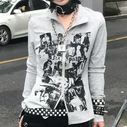 Winter Women's Hip hop Vintage 90s Punk Grunge Graphic Hooded Zip-up Fashion High Street Gothic Zipper Coat Slim Polo Sweatshirt