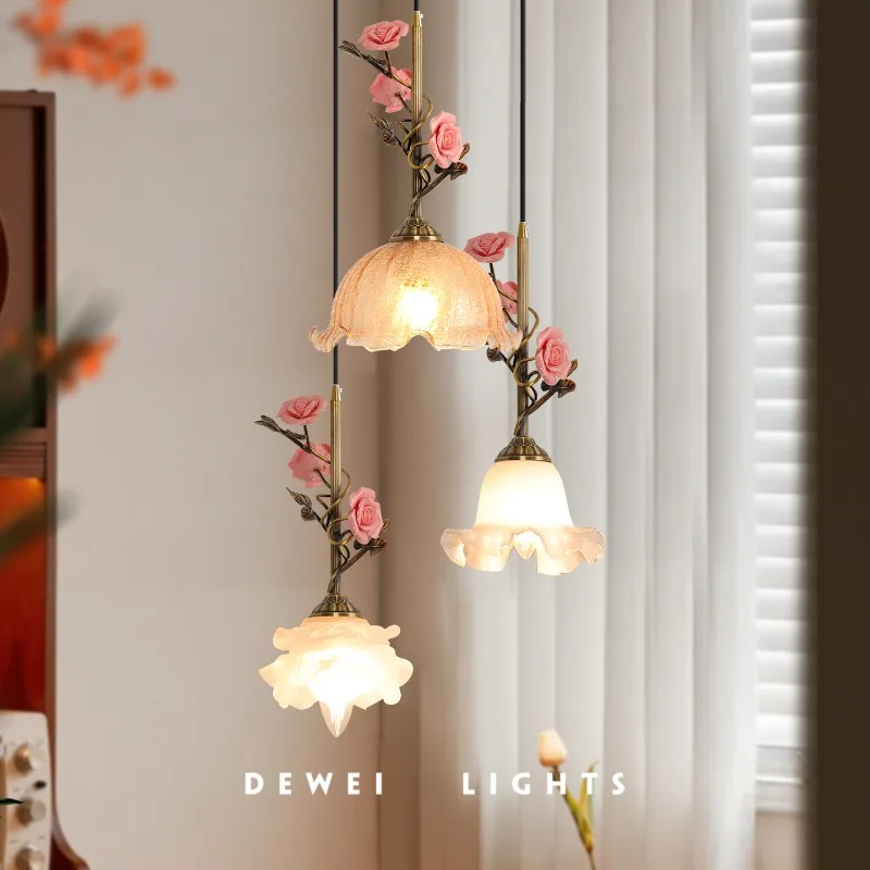 French Retro Pink Ceramics Rose Pendant Lights Flower Shape Glass Hanging Lamps Living Room