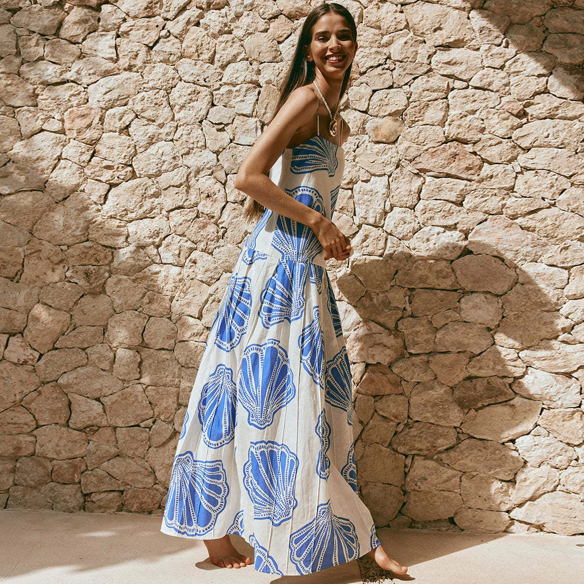 Vestido largo de lino con tirantes y estampado floral azul elegante para mujer primavera verano