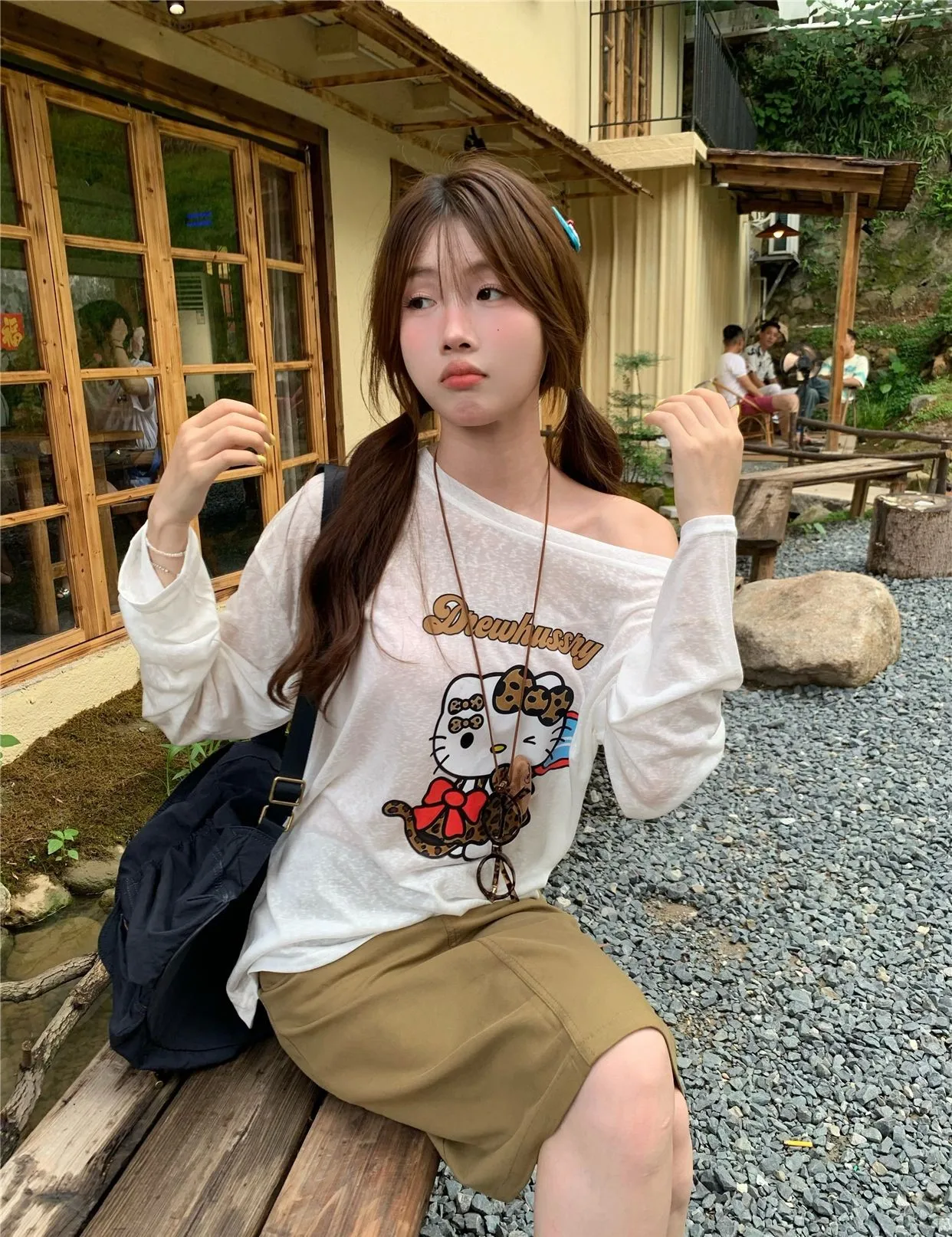 

Hello Kitty Women's Off-Shoulder Cartoon Print Blouse Long Sleeve T-Shirt Fall Autumn Casual Loose Fit Top