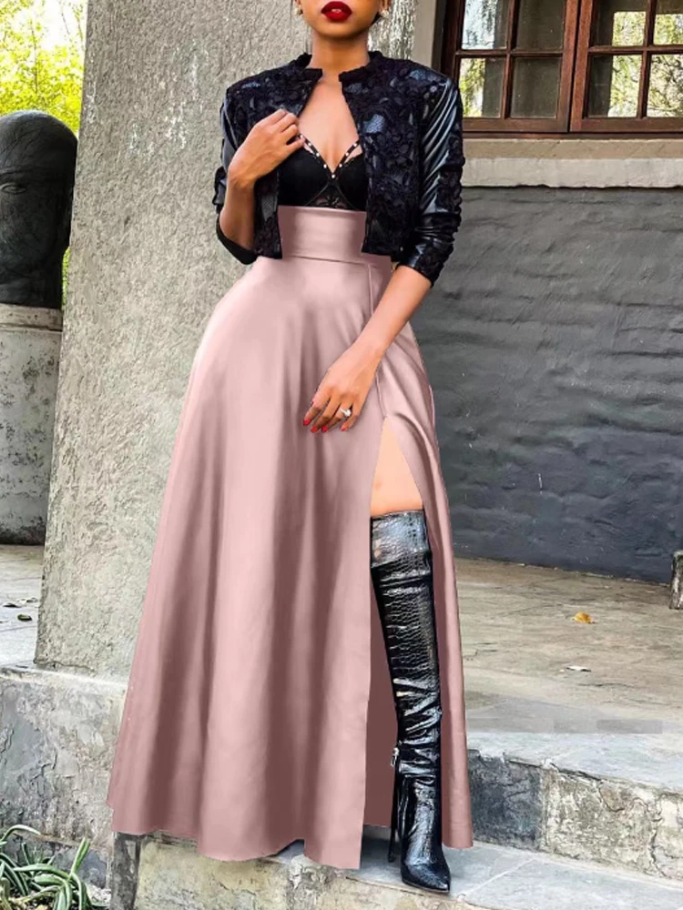 PU Leather High Slit Pocket Design Skirt