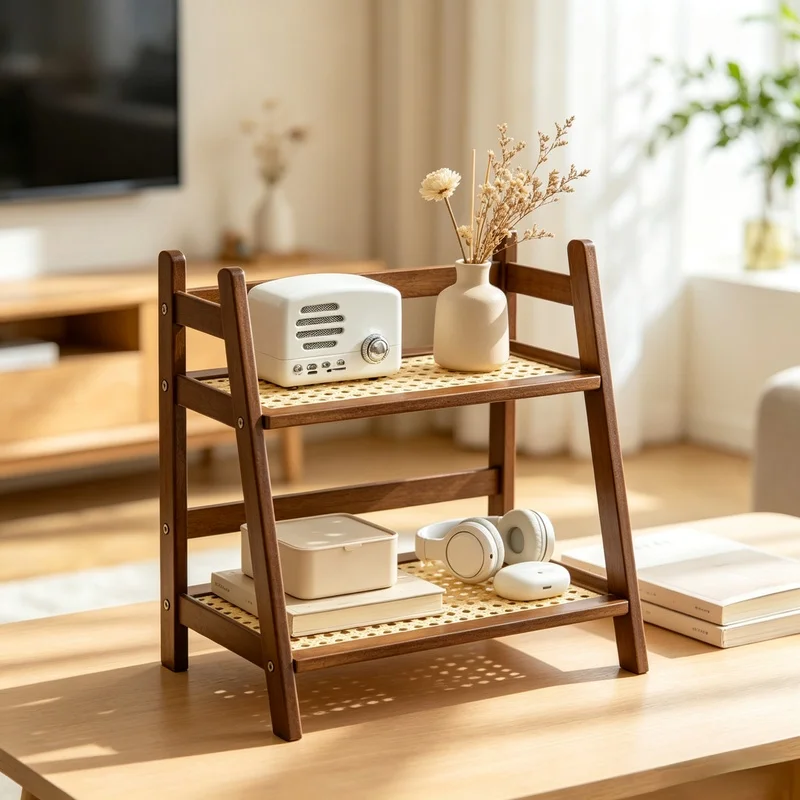 2‑Tier Natural Bamboo Countertop Organizer, Multipurpose Coffee Mug & Cosmetic Storage Holder for Kitchen Bathroom Vanity Table