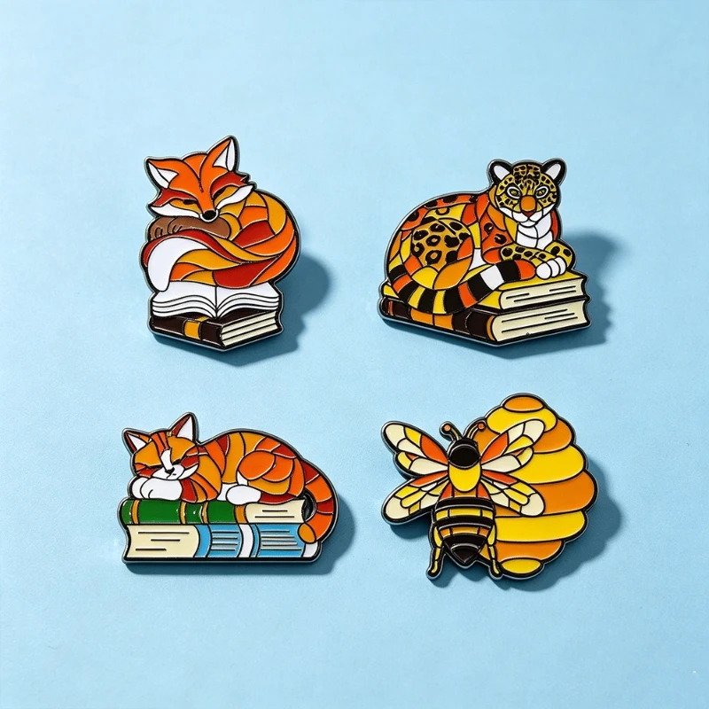 New Hot Cartoon Lying on Book Animal Brooch Cute Bee Cat Metal Badge Casual Commute Gift Pins for DIY Clothing Bags Decoration