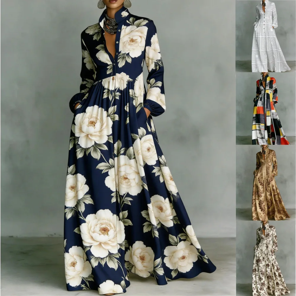Printed Dress Women Long Sleeve French Style Spring Summer Retro Elegant Vacation Casual Waist Cinching Maxi Skirt Dresses
