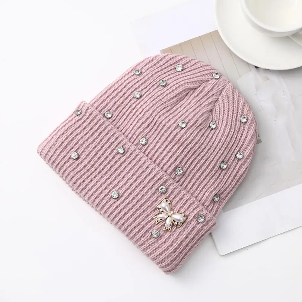 Winter Knitted Hat for Women Winter Knitted Hat with Rhinestone Bow Faux Pearl Cuffed Skull Cap Warm Ribbed for Women Men