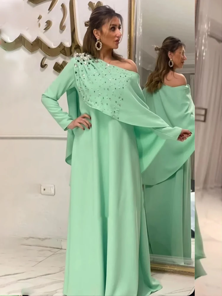 

SWEMILE Arabic A-Line One-Shoulder Evening Dress Floor-Length Long Sleeves Wedding Party Guest Dresses Prom Gowns