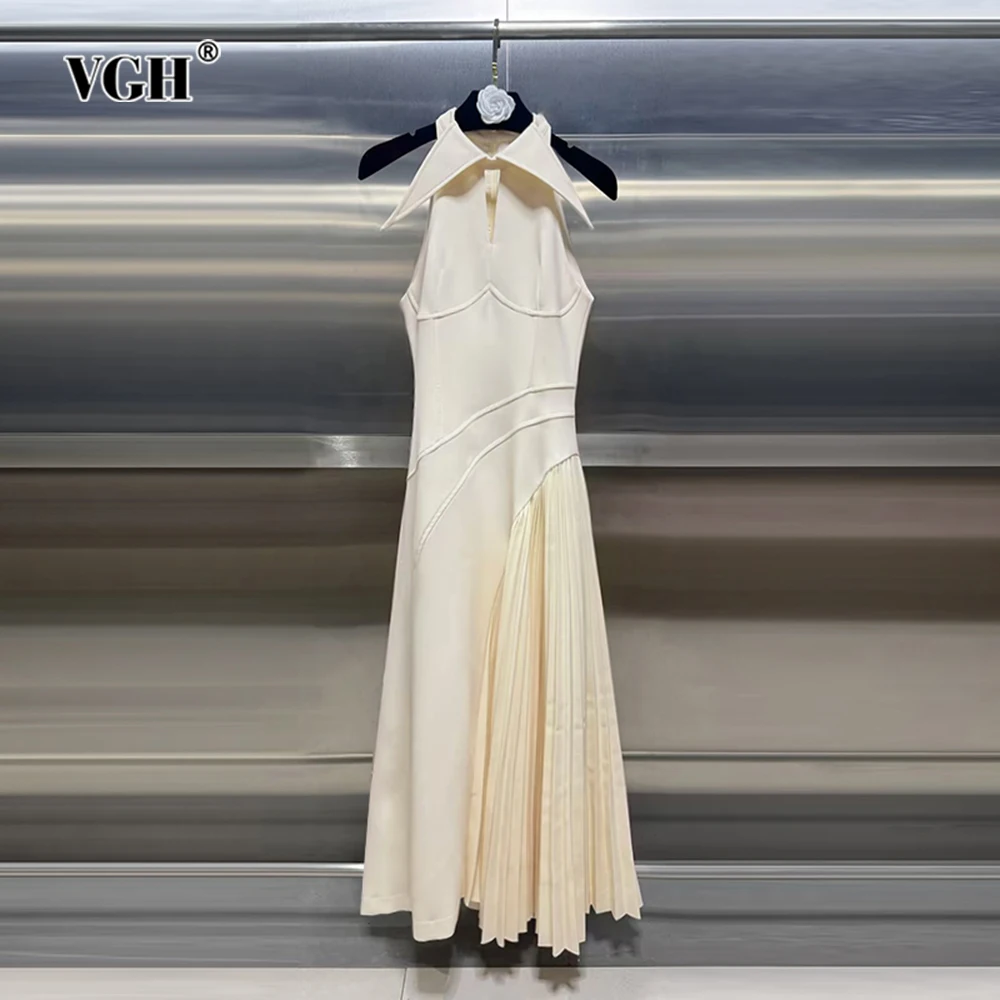 

VGH Elegant Patchwork Folds Solid Dresses For Women Lapel Sleeveless High Waist Spliced Zipper Temperament Dress Female Style