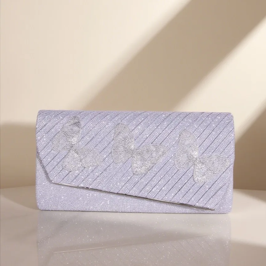 New Bow Diamond Inlay Evening Bag Glitter Silver Hand-held Bag Mini Pleated Evening Gown Women's Wedding Party Handbag
