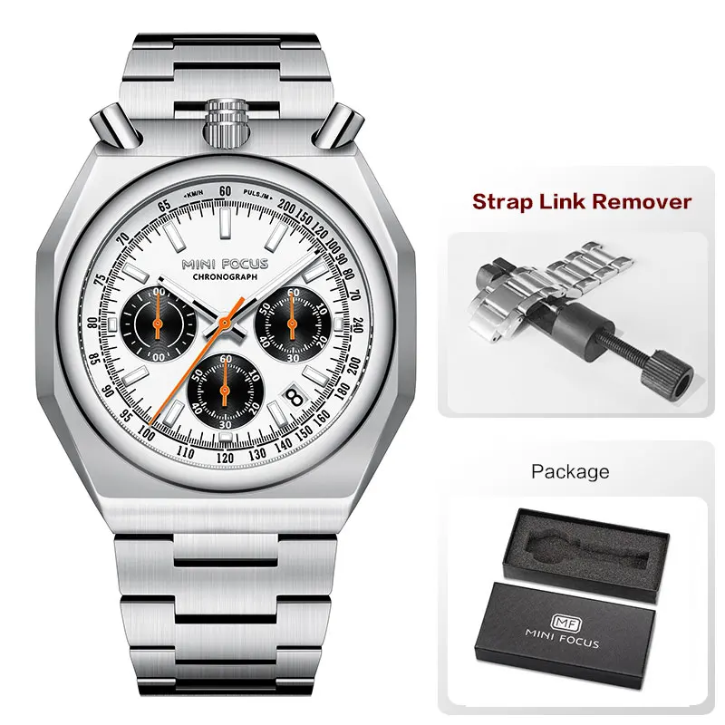 MINI FOCUS Chronograph Quartz Watch for Men Fashion Waterproof Luminous Wristwatch with Calendar Stainless Steel Strap 0601