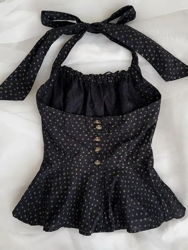 سترة نسائية سوداء مطبوعة بالزهور بتصميم عتيق بقصة ضيقة بدون حمالات من مزيج القطن نمط التنقل لموسم الربيع