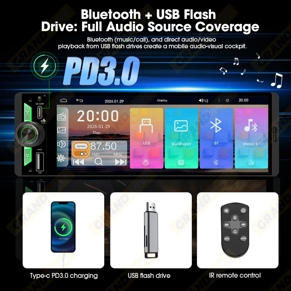 6.5 Inch 1Din IPS Screen Wireless Carplay Android Auto Airplay Car Radio MP5 Player Stereo Bluetooth FM Type-C PD3.0 Fast Charge - Image 6
