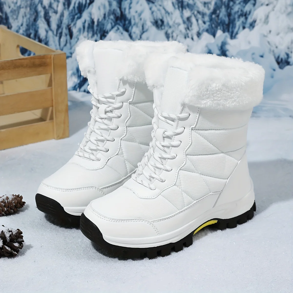 Botas de nieve con forro de felpa para mujer, botas antideslizantes para exteriores atadas de color puro, botines medianos cálidos de invierno, tacón bajo plano