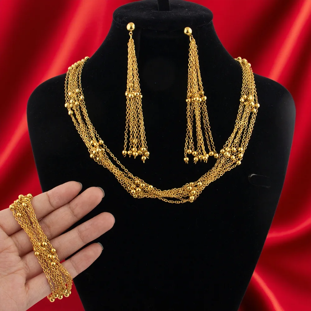 

Exquisite Fashion 18K Gold Plated Jewellery Set For Woman Bridal Nigerian African Long Chain Necklace Earrings Bracelet Set