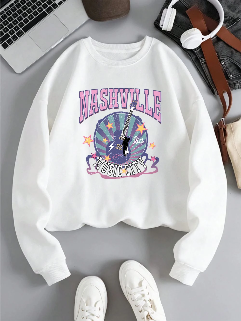 Street Woman Pullover Nashville Music Cith Poster Printing Hoodie Crewneck Loose Fleece Soft Sweatshirt Autumn Female Clothes