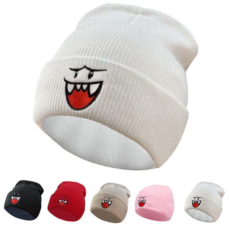 Gorro de punto bordado Happy Face, gorro de lana cálido informal para eventos deportivos al aire libre para parejas de otoño e invierno, gorro de frijol