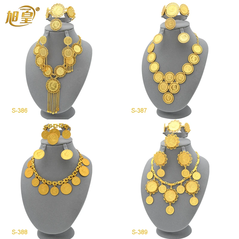 

XUHUANG Luxury Coin Tassel Pendant Necklace Jewlery Set Nigerian Indian Women Bridal Wedding Party Gold Plated Jewellery Gifts