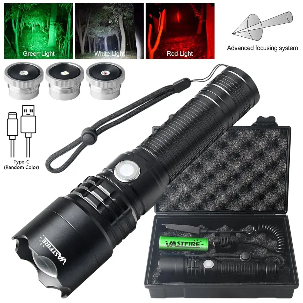 3in1 Tactical Flashlight Green/Red/White Rechargeable Zoom Hunting Flashlight Torch Professional Shooting Night Scout Light Set