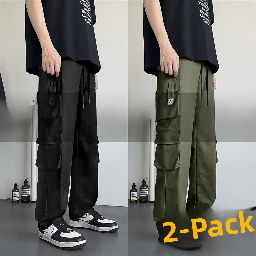 Spring Autumn Thin Cotton Work Trousers Loose Wide Leg Straight Cut Casual Trousers Multiple Pockets No Ironing Required