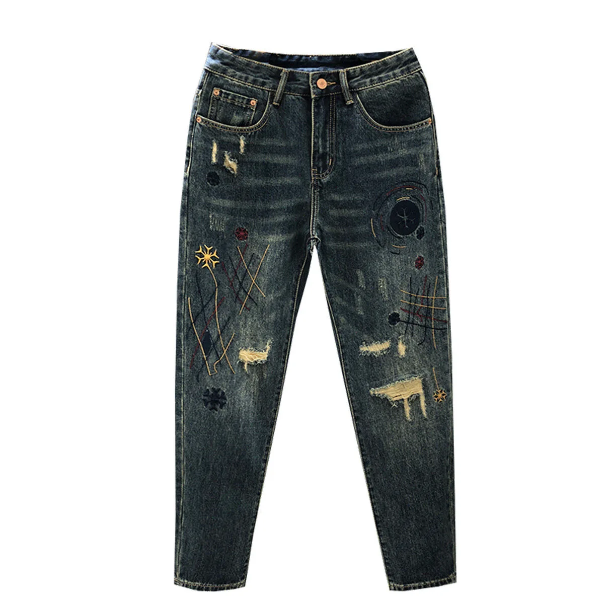 Spring and Autumn Fashion Trend Printed Straight-Leg Stretch Denim Jeans Men's Casual Comfortable Sports High-Quality Trousers