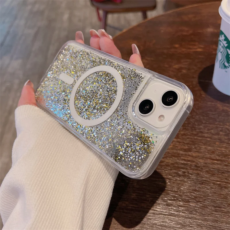 Luxury Magnetic Magnets Quicksand Case Cover for iPhone 15 14 16 Pro Max Glitter Powder Sequins Shell Hard Funda Liquid Carcasas