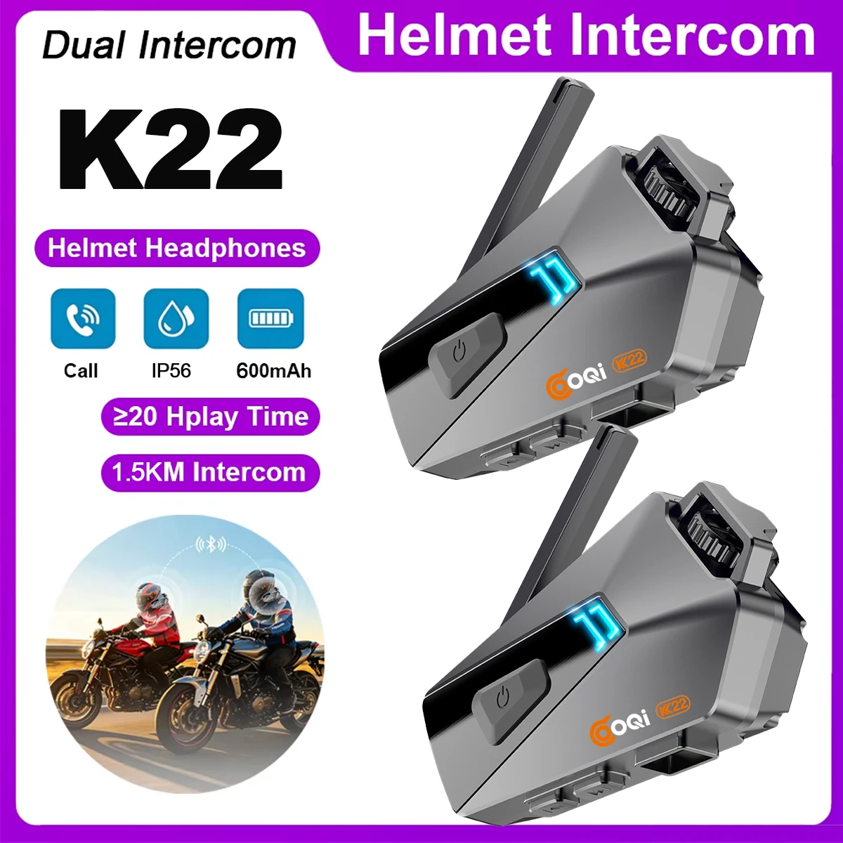 K22 1/2x Motorcycle Helmet Intercom Headset Wireless Bluetooth Earphone For 2 Riders Waterproof Music Player Speaker Interphone