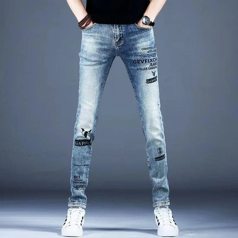 

2024 Spring and Autumn New Fashion Trend Printed Elastic Small Legs Men's Casual Slim Comfortable Breathable High-Grade Jeans