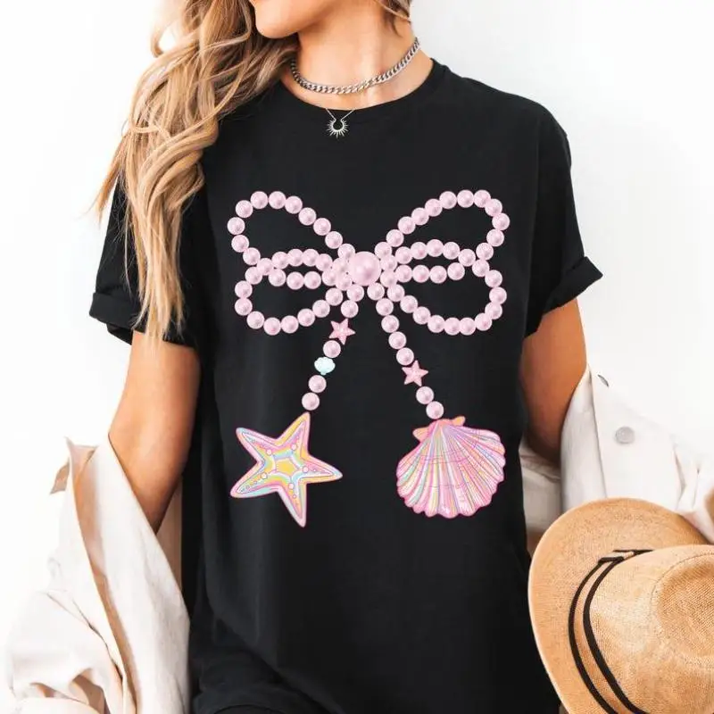 

Pearl Bow T-Shirt Seashell Starfish Graphic Tee Unisex Cute Ocean Core Apparel Mermaid Vibes Gift