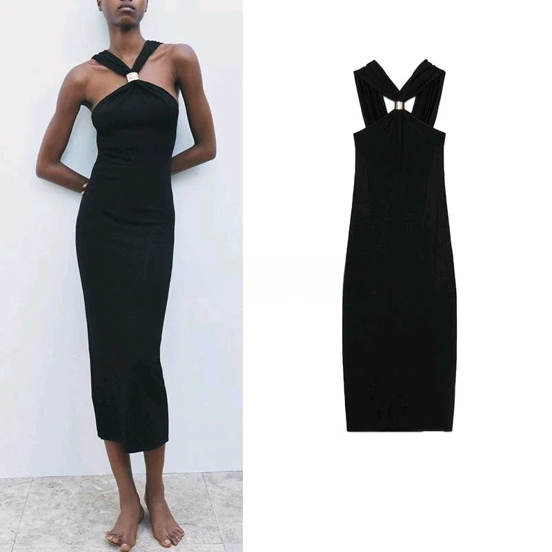 Primavera nova chegada feminina de malha ouro embelezado dr pendurado ne colarinho longo sve cintura alta bodycon vestido verão