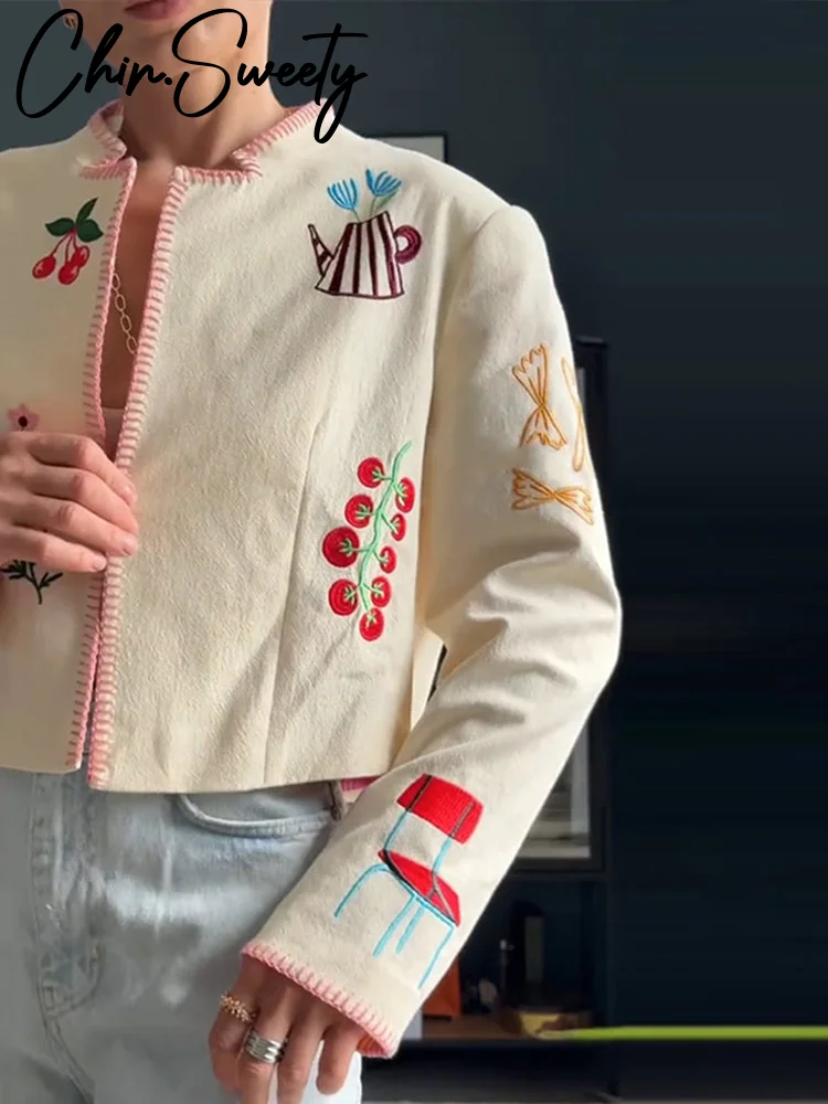 Chaquetas bordadas de flores para mujer, cárdigan holgado de manga larga con cuello levantado, abrigos, chaqueta, moda de otoño 2021, prendas de vestir para mujer de calle