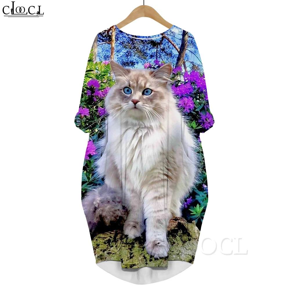 CLOOCL Shirt Dresses Lovely Pet Print Dresses Brazilian Short-haired Cat Print Long Sleeve Pocket Dress Fashion Casual Vestidos