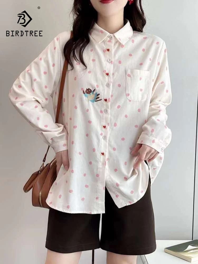 

New 2025 Autumn Long Sleeve Corduroy Shirt, Women Turn-down Collar Embroidery Dot, Mori Girl Commute Sweet Loose Blouse T59847CC