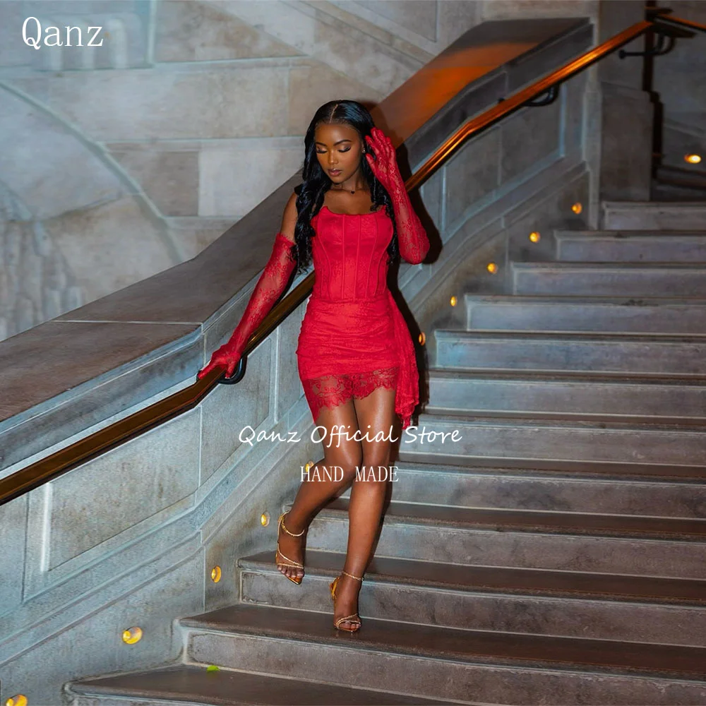 

Qanz Red Lace Birthday Dress Woman Sexy Mini Above Knee Prom Dresses for Black Girls Vestidos Para Eventos Especiales Customized