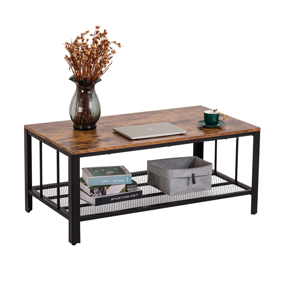 Industrial Style 2-Layer Tea Coffee Table 104x58x46CM Rectangular Triamine Plate Iron Mesh Adjustable Levelling Feet[US-Depot]