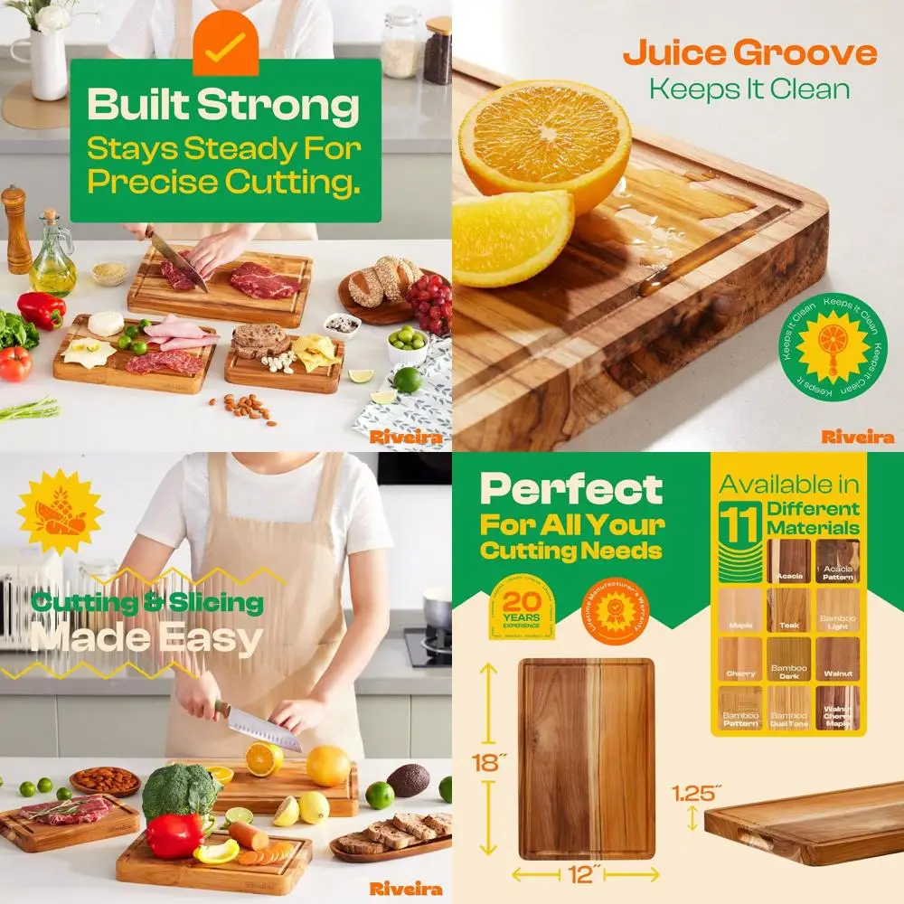 

Elegant 18 x 12 Teak Cutting Board - Large Natural Wood Chopping Board with Decorative Juice Grooves