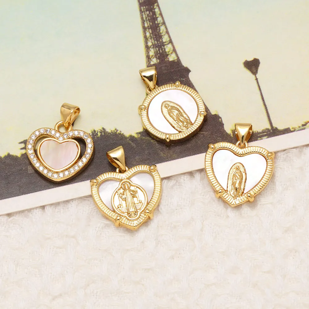 OCESRIO Virgin Mary Pendant for Necklace Copper Gold Plated Shell Zircon Religious Heart Round Jewelry Making Component pdtb060