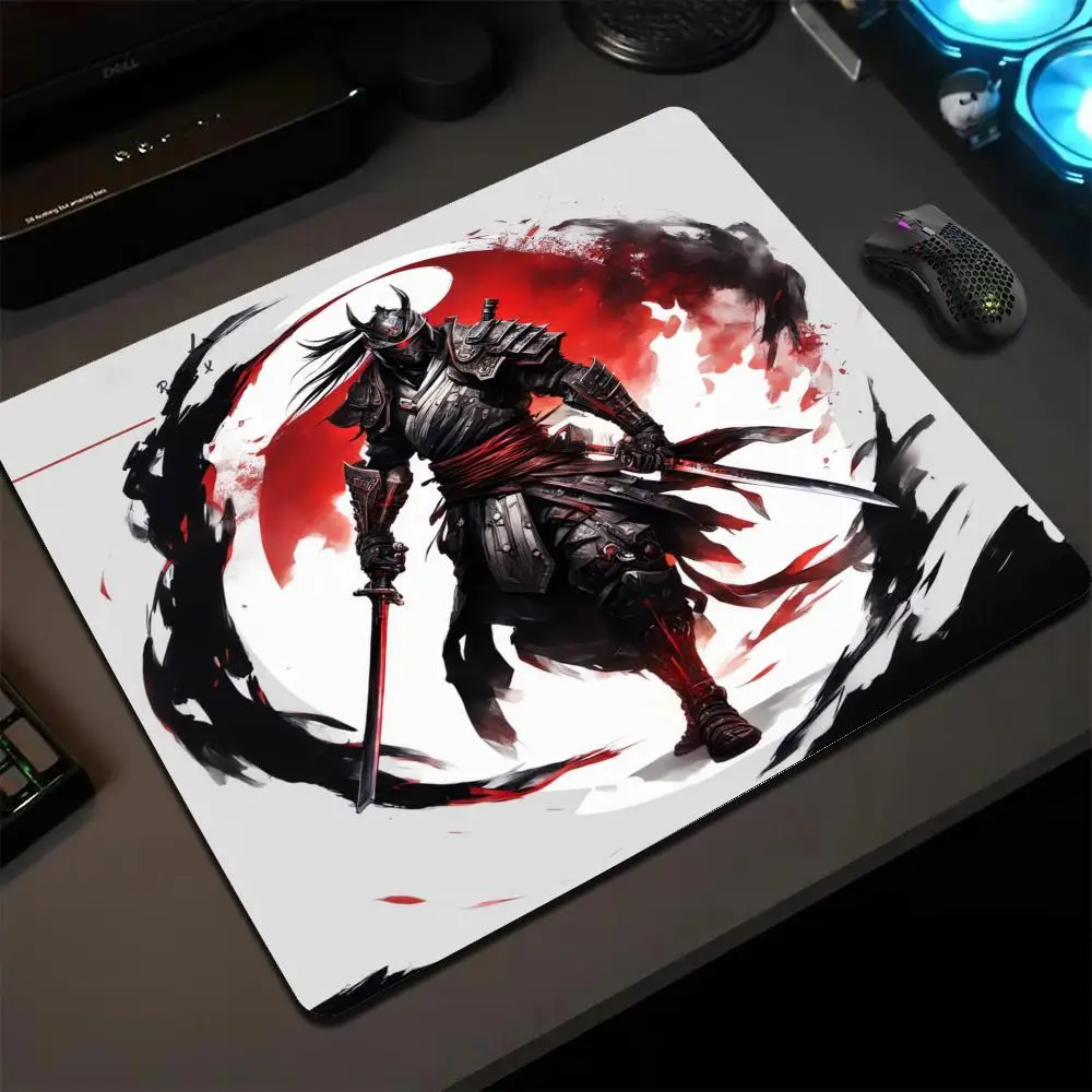 Gaming Mice Mat Japanese Samurai Ink Art Mousepad Anti‑slip Small Deskmat Gamer Accessoires Lock Edge KeyboardPad Laptop Desktop