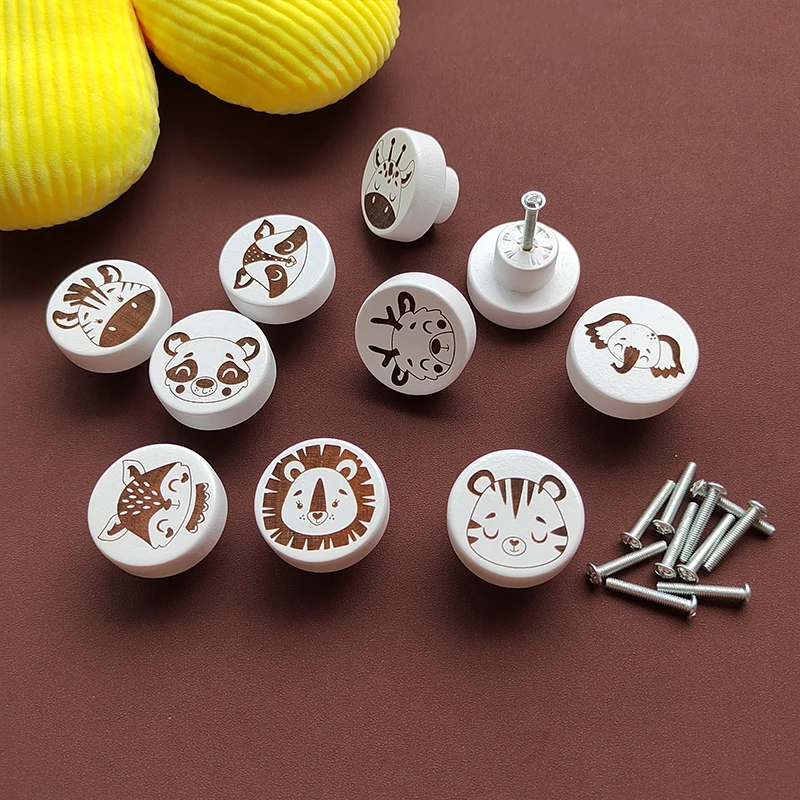 Wooden Engraved Animals Bedroom White Dresser Drawer Knobs Cabinet Pulls Nature Wood Kids Pulls Children Room Furniture Handles