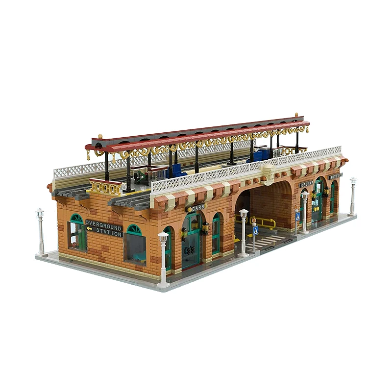 MOC Overground Station Dubbele sporen Model Street View Hoekbouwstenen Modulaire Architectuur Baksteen Gemonteerd Speelgoed Kerstcadeau