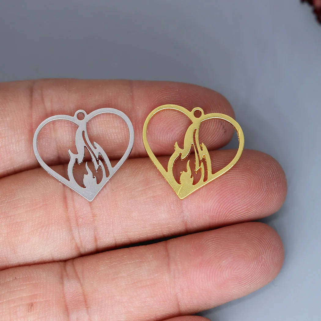 5pcs Stainless Steel Love Heart On Fire Pendant Charms for Jewelry Making DIY Craft Earrings Necklace Handmade Accessories Bulk