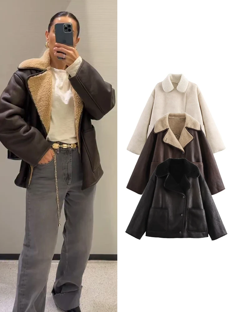 

TFMLN 2025 Новая женская меховая интегрированная куртка, одежда, модный стиль, сто комбинаций, свободные пальто, повседневная куртка с карманами