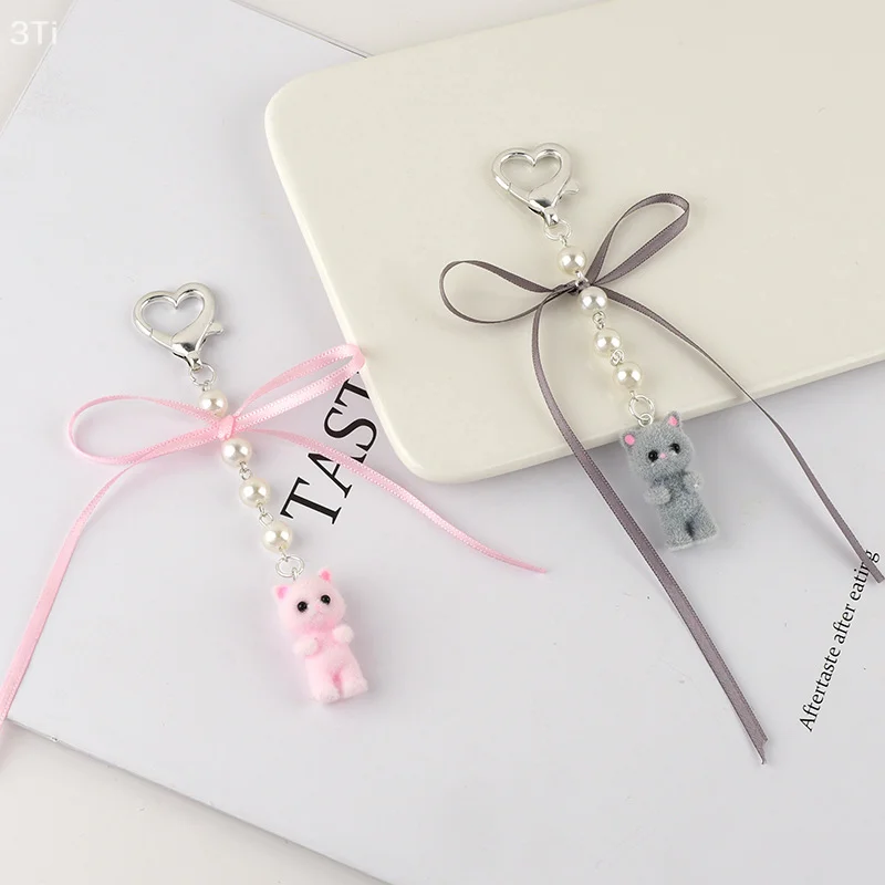 Брелок с пушистым котом и бантом, жемчужная лента, подвеска с котенком, подвеска, брелок, ювелирные изделия для девочек и женщин, украшение для подарочной сумки