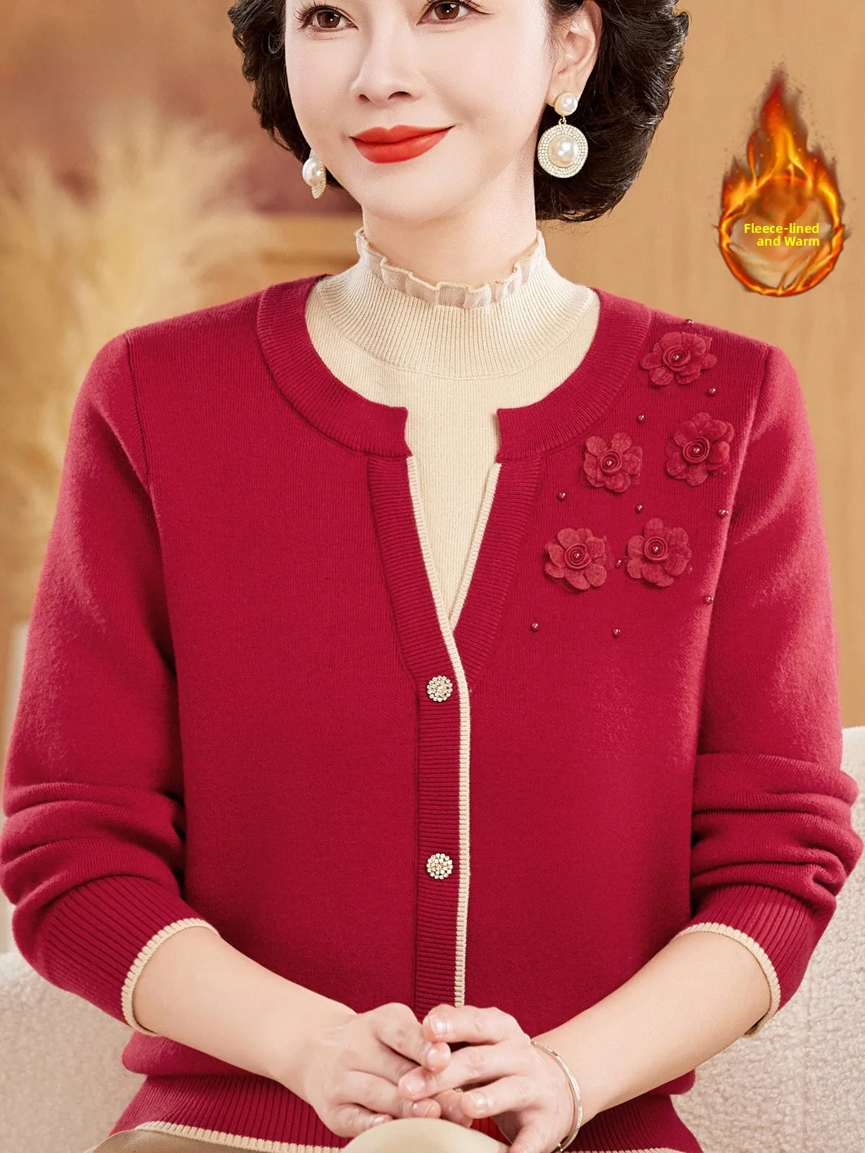 

Faionable Floral Fce Lined Knitted Top for Women ly Mom Autumn Winter Sle Ruffle Collar Warm Loose Fit Regular Sl...