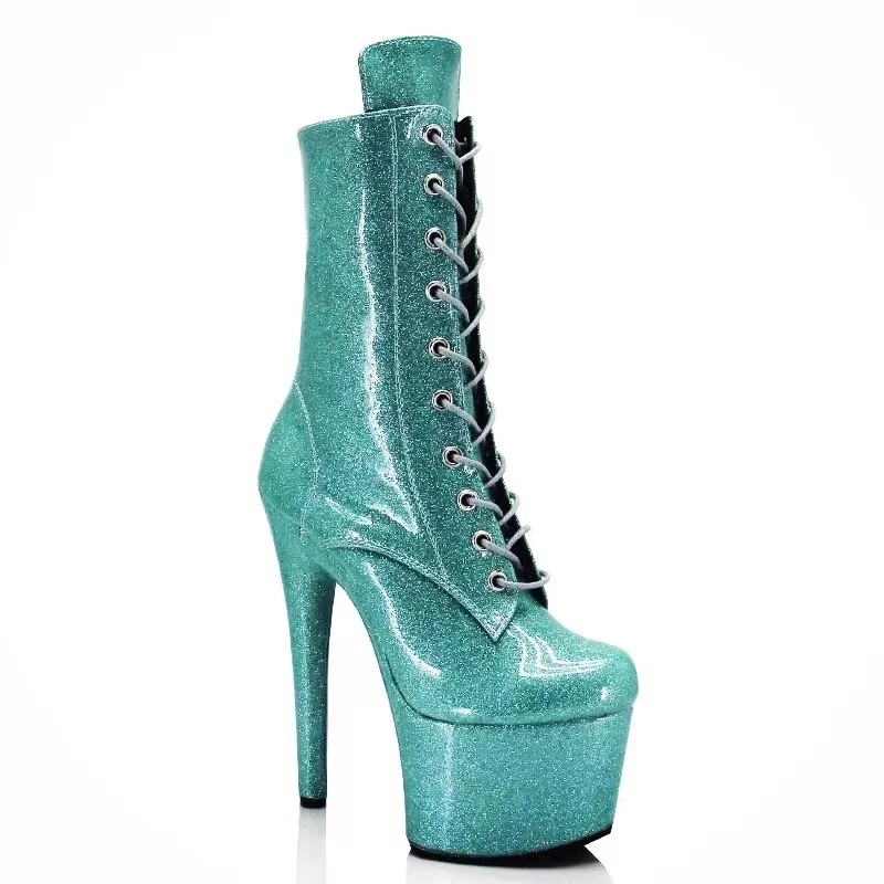 Large size high heels, steel tube dancing lace up short boots, 17cm super high heels, waterproof platform boots