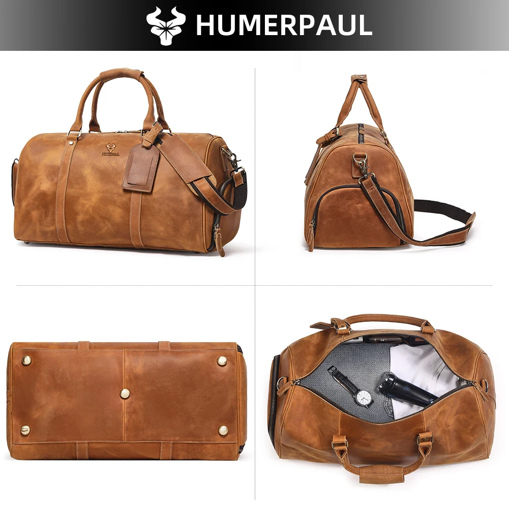 Men's 100% Crazy Horse Leather Business Travel Suit Bag with Shoe Pocket And Clothes Cover Male Duffel Briefcase