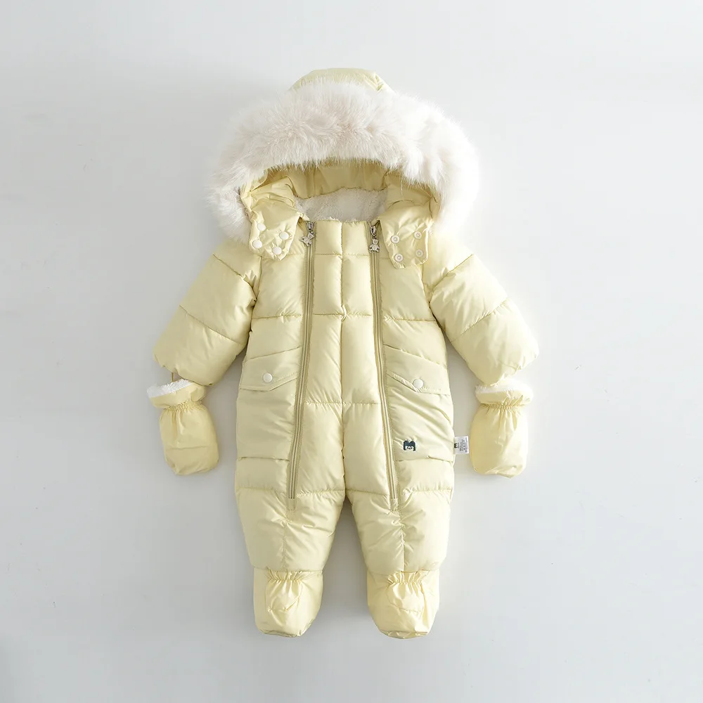 Newborn Baby Winter Snowsuit Faux Fur Hooded Fleece-Lined Padded Romper Toddler Double-Zipper Warm Thick One-Piece Jumpsuit