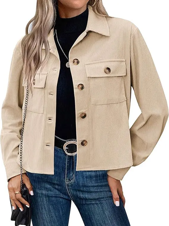 Women Khaki Corduroy Cropped Jacket Notched Collar Button Down Long Sleeve Shirt Shacket with Chest Pockets