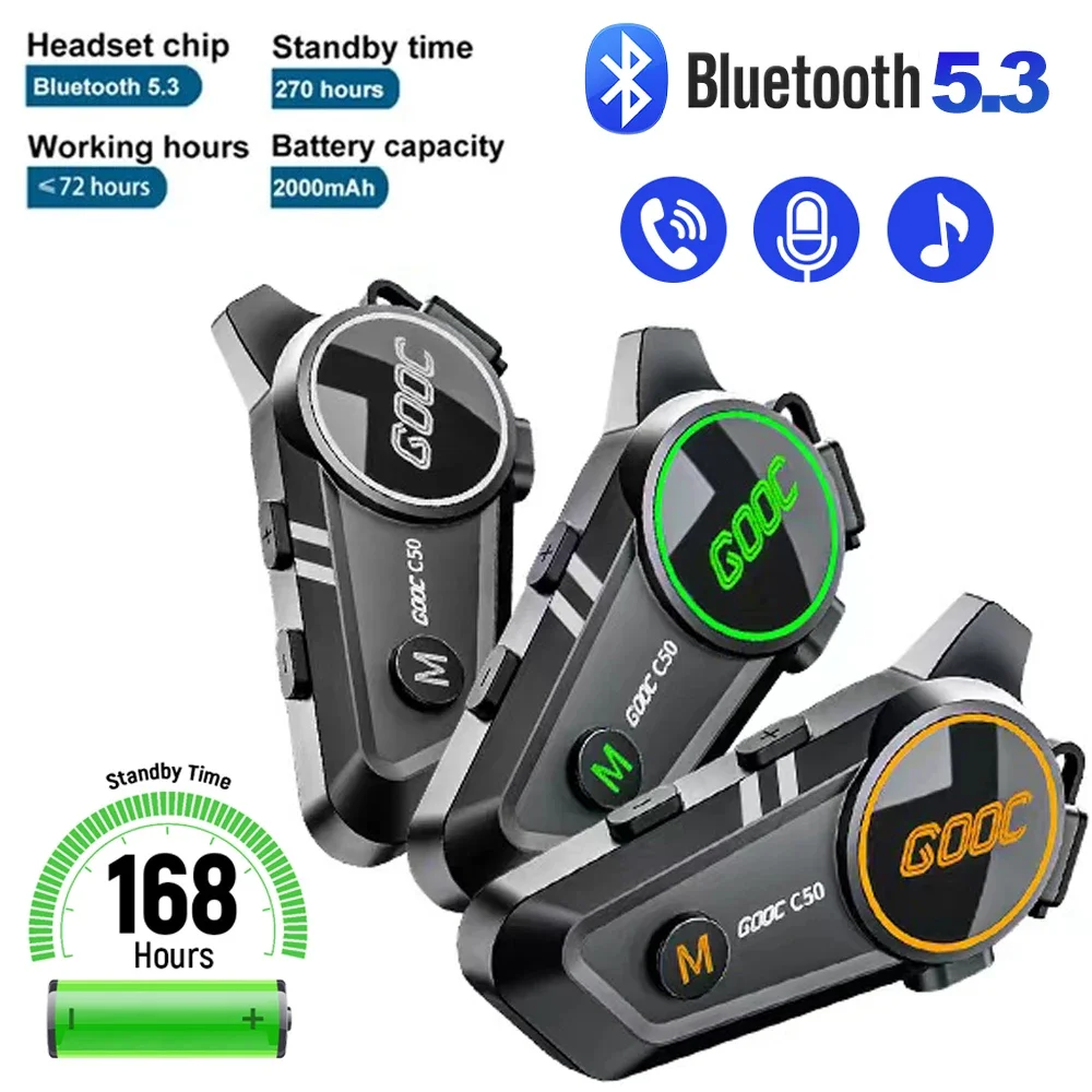 C50 Motorcycle Bluetooth Helmet Headset V5.3 Tri-Colorful Lights Earphone IPX6 Waterproof Support Connecting 2 Phones Same Time