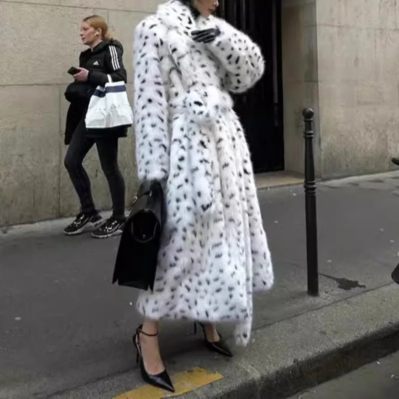 EAEOVNI الشتاء موضة الفراء معطف طويل المرأة ليوبارد نقطة تصميم حزام تجمع الخصر مزاجه سترة ملابس خارجية #5