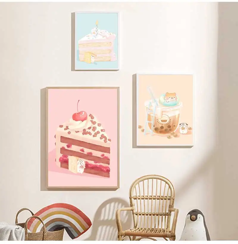 Lovely Pastry Canvas Painting Wall Art Cartoon Cute Muffinmaru Bubble Tea Cake Dessert Prints and Posters Girls Room Dorm Decor